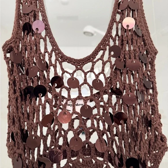 Superdown Chocolate Crochet Dress with Sequin Accents - Picture 5 of 6